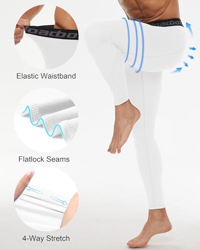 Men's Compression Running Tights - Large Black & White, Quick Dry Sport Leggings