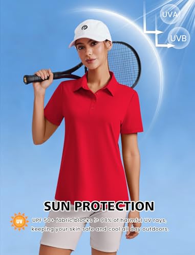 PINSPARK Women's Golf Polo Shirt Large Red UPF 50+ Quick Dry Collared Shirt