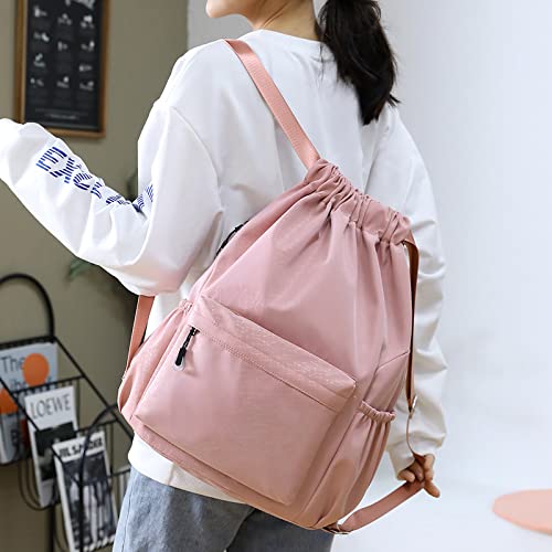 Pink Drawstring Backpack Sports Gym Bag Water Resistant Cinch Sack with Side Zipper Pocket