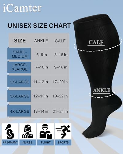 Plus Size Compression Socks for Women & Men Wide Calf 3X-Large Black 15-20 mmHg