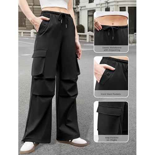 Womens Cargo Pants Elastic Waist Wide Leg Parachute Pants with 4 Pockets Baggy Hiking Trousers Travel Y2K Waterproof