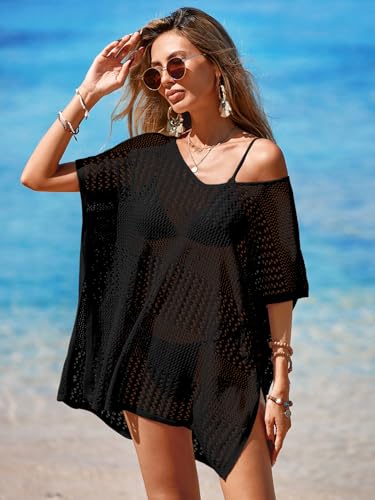BreathSunny Women's Oversized Crochet Beach Dress - Black Medium Variation