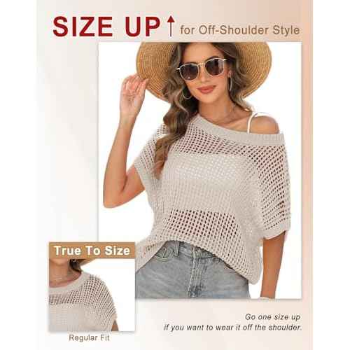 Swimsuit Coverup for Women Beach Vacation Clothes Spring Summer Scoop Neck Short Sleeve Sweaters Casual Crochet Knit Tops