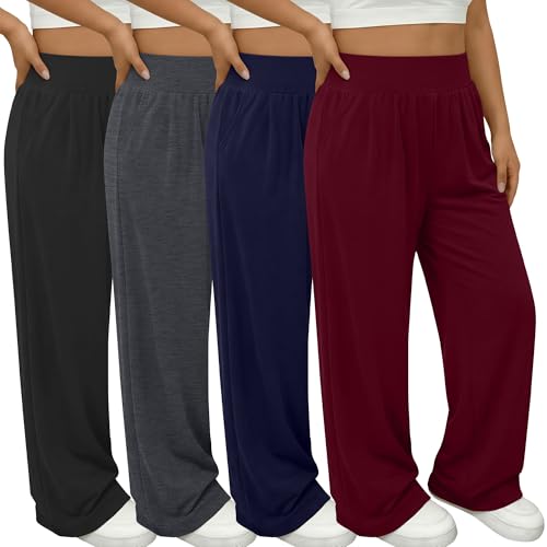 Women's Plus Size Flowy Yoga Lounge Pants 4 Pack - Black, Wine Red, Navy Blue, Dark Gray