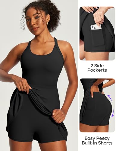 Heathyoga Easy Peasy Tennis Dress with Shorts Underneath - Medium / Easy Peezy - Black