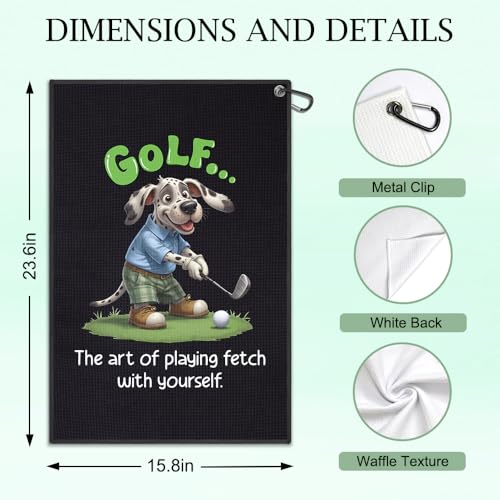 Golf Towels with Clip - Art of Playing Fetch with Yourself in Black