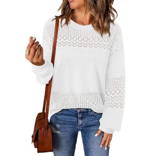 Lylinan Womens Sweaters Casual Boho Long Sleeve Shirts Crewneck Lightweight Crochet Tops Pullover Knit Sweater