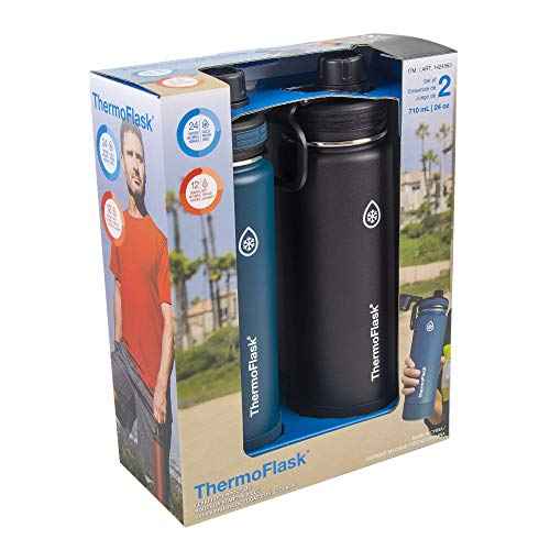 ThermoFlask Bottle with Spout Lid - Stainless Steel Water Bottles with Double-Wall Insulation & BPA-Free Spout Lids - Leak-Proof Reusable Bottles & Lids - 24 oz, Mayan Blue/Black (2 Pack)