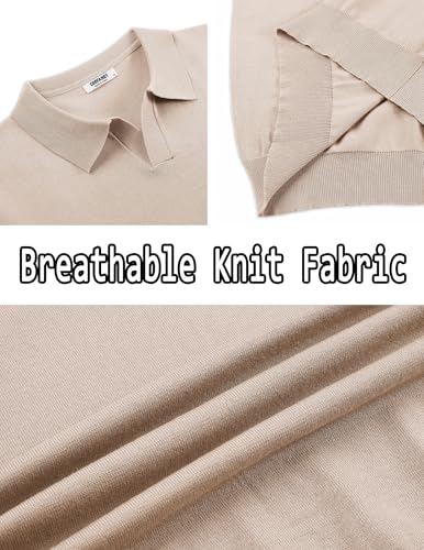 Men's V Neck Short Sleeve Stretch Knit Polo Shirt - Medium Khaki