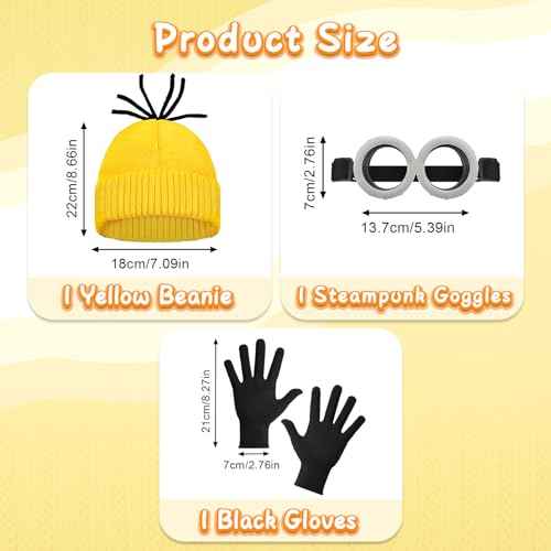 3 PCS Halloween Costumes for Men Women Adults, Yellow Beanie, Steampunk Goggles, Black Gloves, Halloween Party