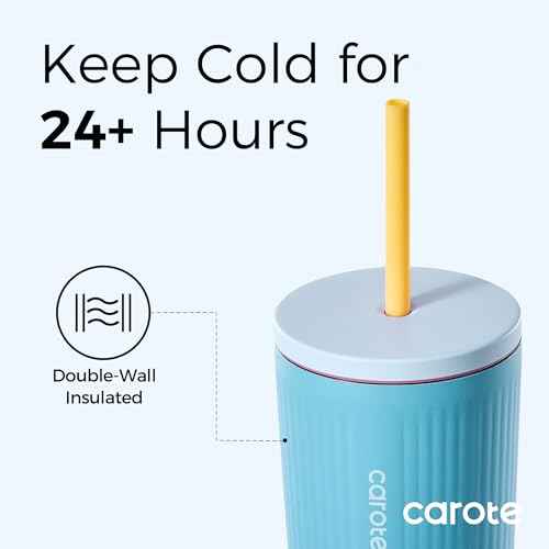 CAROTE 19 oz One-Click Open Insulated Water Bottle & 21 oz Tumblers with Lid and Straw, Double-Wall Insulated Stainless Steel, Leakproof Lid with Handle, Essential for Travel, Sports(Vibrant Blue)