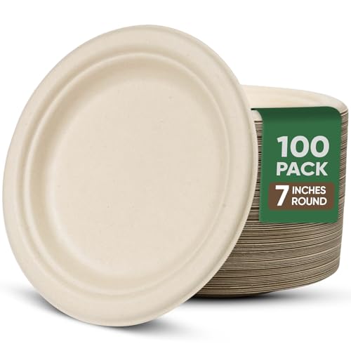 Brown Disposable Paper Plates 7 Inch - 100% Compostable, 100 Pack