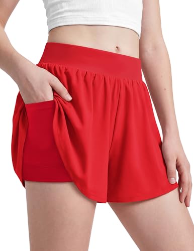 Girls Athletic Shorts with Pockets - Elastic Waist Running Shorts for 13-14 Years - Red