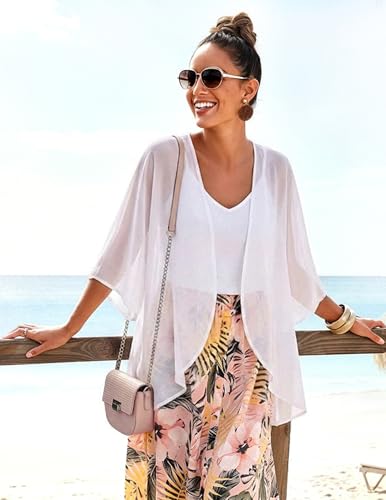 Medium White Women's Chiffon Kimono Cover Up - Open Front, Casual, Loose Fit