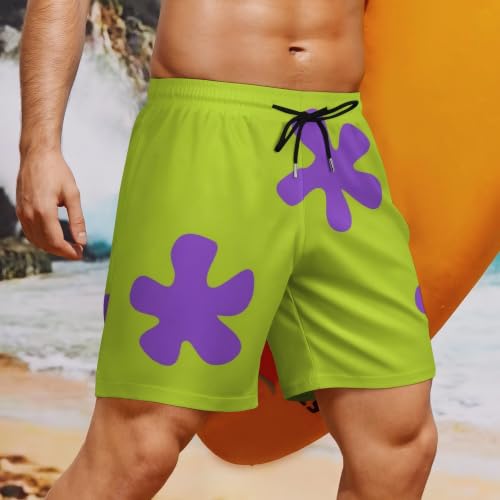 X-Large Green & Purple Leaves Men's Swim Shorts with Compression Liner & Zipper Pockets