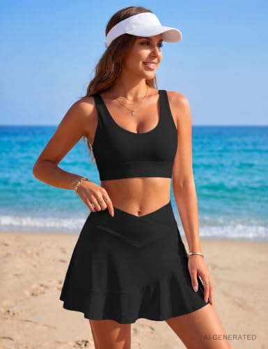 Blooming Jelly Women's High Waist Tummy Control Swim Skirt with Built-in Briefs - Large Black
