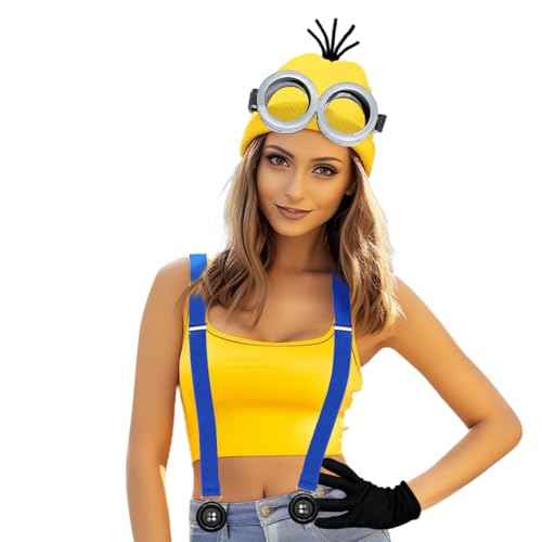 MOVINPE Halloween Costume Accessories, Yellow Beanie Hats Steampunk Goggles Glasses Elastic Suspenders Gloves Buttons Halloween Cosplay Party Set