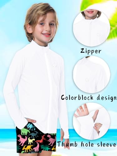 Unisex Kids Rash Guard Sun Shirt UPF 50+ UV Protection with Thumb Hole - White, 13-14 Years