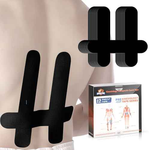 PreCut Kinesiology Tape for Lower Back, 12PCS Kinesiology Tape Precut for Lower Back, KTQUICK Original Cotton Waterproof&Breathable Latex-Free, Enhance Elastic Athletic Tape for Support Muscle(Black)