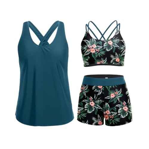 Holipick 3 Piece Tankini Swimsuits for Women Tummy Control Bathing Suits Swim Tank Top with Bra Boy Shorts Teen Swimwear