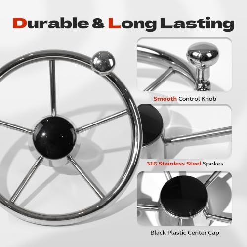 Silver 11 Inch Boat Steering Wheel - Marine 5-Spoke Destroyer Style with Control Knob & Center Cap, Stainless Steel