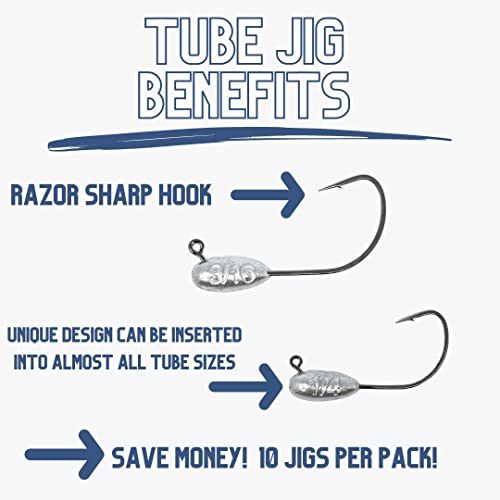 Reaction Tackle Tube Jig Heads for Hollow Body Lures 1/8 Oz - Bass & Saltwater Fishing Hooks (10-Pack)