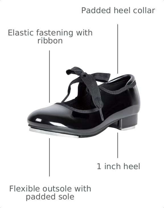 Kids Tap Dance Shoes Flat with PU Leather Ribbon Tie - Black Patent, 13 Little Kid