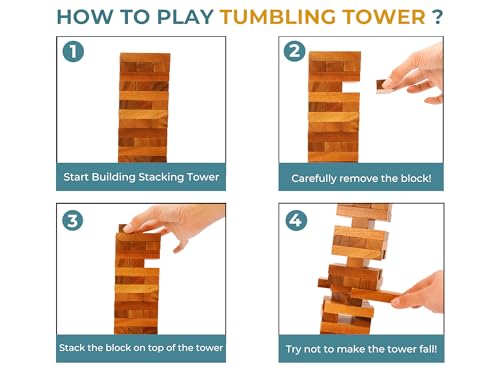 Wooden Tumbling Tower Family Game for Adults & Seniors - Classic Stack Block Set