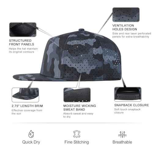 Men Flat Brim Adjustable Performance Hat Snapback Laser Perforated Baseball Cap