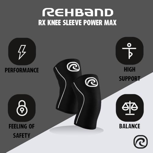 Rehband Rx Knee Sleeve Power Max, 1 piece, knee support 7mm neoprene, strongman, heavy lifting, longest knee sleeve, Colour:Black, Size:M