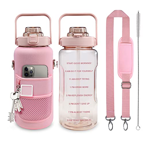 Pink Half Gallon Water Bottle with Sleeve, Motivational 70oz Leakproof Drink