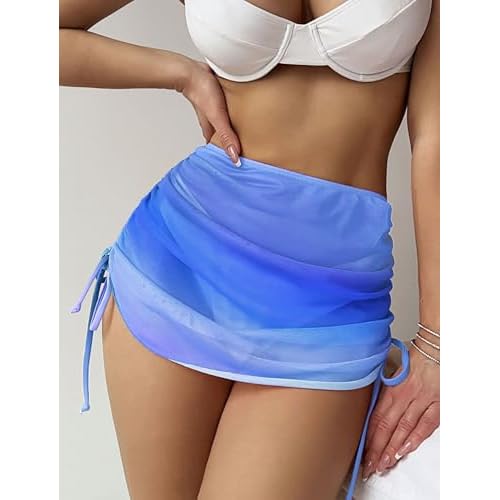 ZAFUL Women's Beach Cover Up Skirt Mesh Sheer Ruched Drawstring Short Swim Skirt Cover Ups for Swimwear