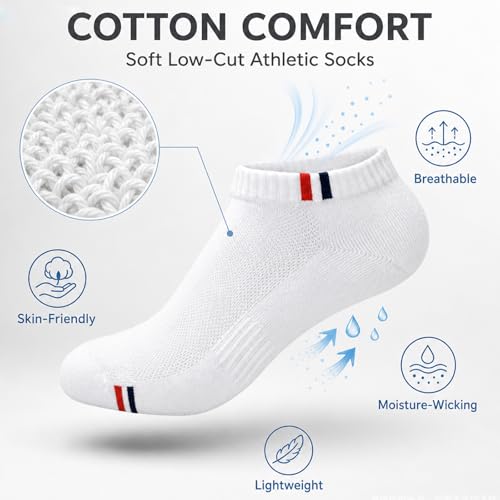 Men's Cotton Athletic Ankle Socks 6 Pack Low Cut Casual Comfort - White 9-11
