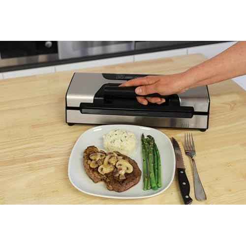 Nesco FreshLock Pro VS-15 Stainless Steel Vacuum Sealer, moist and dry seal, roll storage, 120 watts, with bags and rolls, simple and easy to use