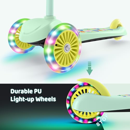 Kids Scooter with Light-Up Wheels - Mint, Adjustable 4-Level Height, 3-Wheel Toddler Scooter, Lean-to-Steer Design
