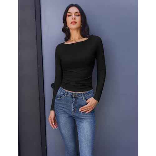 Ekouaer Long Sleeve Shirts Boat Neck Tops Casual Undershirts