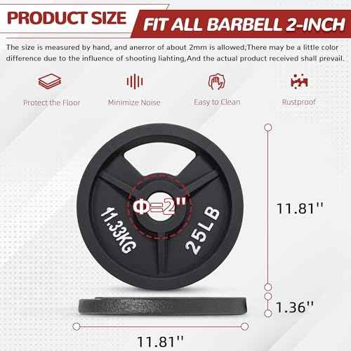 Fitvids 2-Inch Olympic and 1-Inch Standard Cast Iron Weight Plate for Strength Training & Weightlifting, Multiple Weights Available