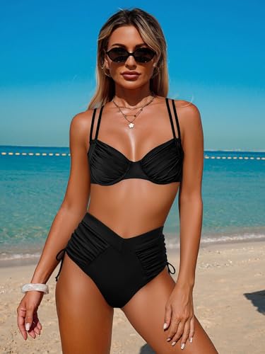 Leoparts Women's V Cut Bikini Bottoms Ruched Tummy Control High Cut Swimsuit - Black Medium
