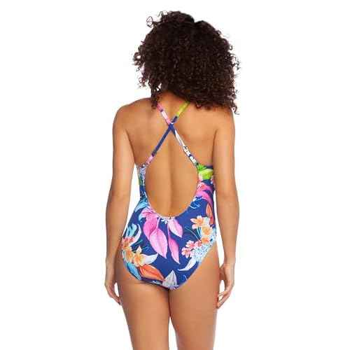 La Blanca Women's Standard Plunge One Piece Swimsuit, Blueberry//Hyper Tropical, 6