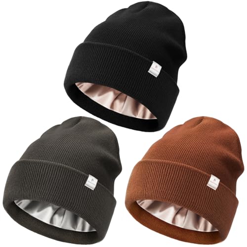 3 Pack Satin Lined Knit Beanie Hat Acrylic Winter Hats for Women Men Silk Lining Soft Slouchy Unisex Warm Cuffed Beanie Hat