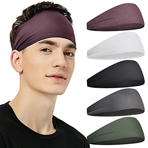 Pilamor Sports Headbands for Men 5 Pack - Sweatbands for Workout Running & Fitness - White, Brown, Dark Gray, Black, Green
