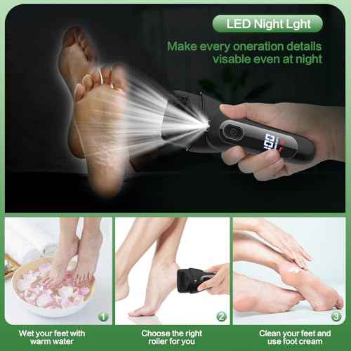Electric Foot File Pedicure Feet Hard Skin Remover Foot Scraper Dry Dead Skin Remover Callus Exfoliator Rechargeable Feet Scrubber with 3 Replacement Rollers Foot Care Skin Removers, Black