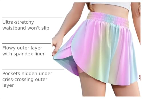 Rainbow Girls Butterfly Shorts with Pockets 2-in-1 Skorts for 9-10 Years