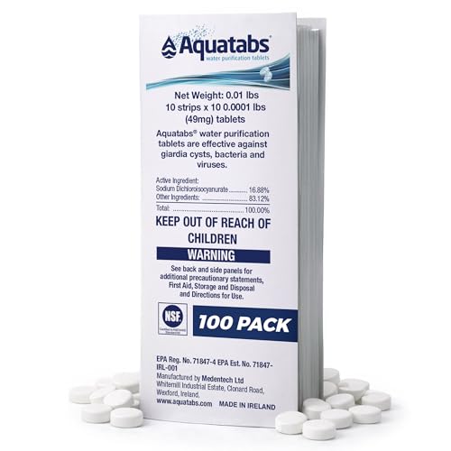 49mg Water Purification Tablets - Portable Water Treatment for Camping & Hiking (100 Pack)