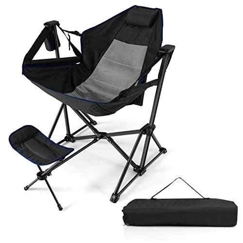 COSTWAY Folding Camping Chair, Portable Beach Chair with Retractable Footrest, Adjustable Back, Cup Holder & Carry Bag, Outdoor Lawn Patio Chair for Camping, Fishing, Hiking (Black, 1 Pack)