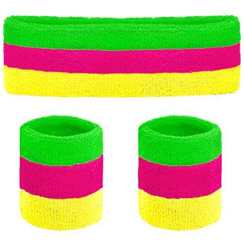 Ronglry 80s Neon Sweatbands Set 80s 90s Outfits for Women Sports Wristband and Headband Neon Sweat Band 80 s Accessories for Women Sweatband for Glow Party Supplies Halloween Costume