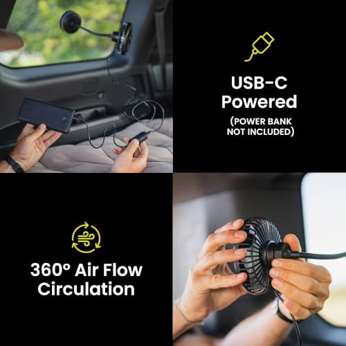 Car Camping Fan with Suction Cup Mount - USB-C Portable Fan for Vehicles & Tents