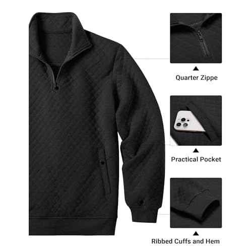 COOFANDY Mens Quarter Zip Pullover Quilted Sweatshirt Knit Long Sleeve Mock Neck Sweater Polo with Pocket