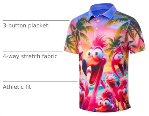 X-Large Golf Polo Shirts for Men Short Sleeve Dry Fit Performance Athletic Flamingos Hawaiian