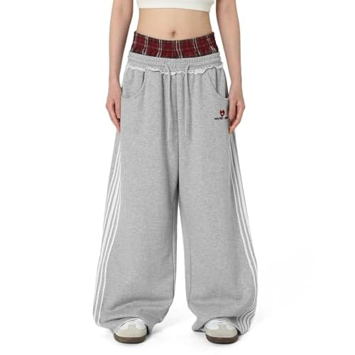 Aelfric Eden Baggy Wide Leg Sweatpants for Women Plaid Patchwork Sweat Pants Loose Long Pants with Pockets